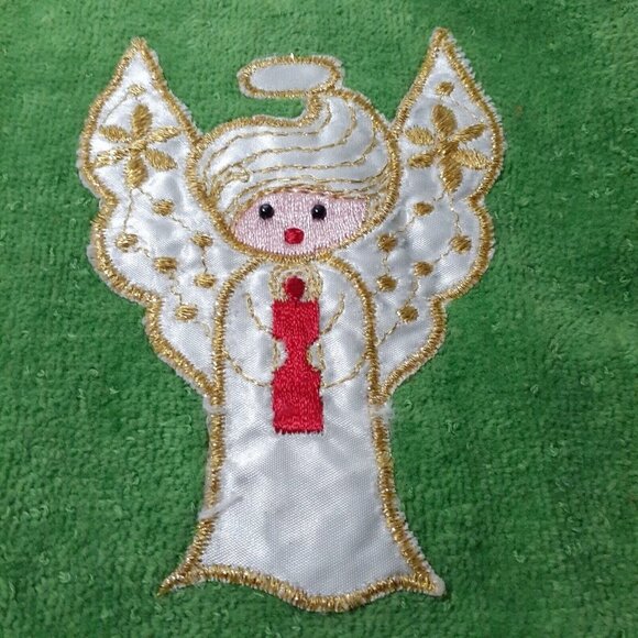 Vintage Christmas Fingertip Towels Fringe Edge Applique Embroidered Angel Wreath - Picture 3 of 6